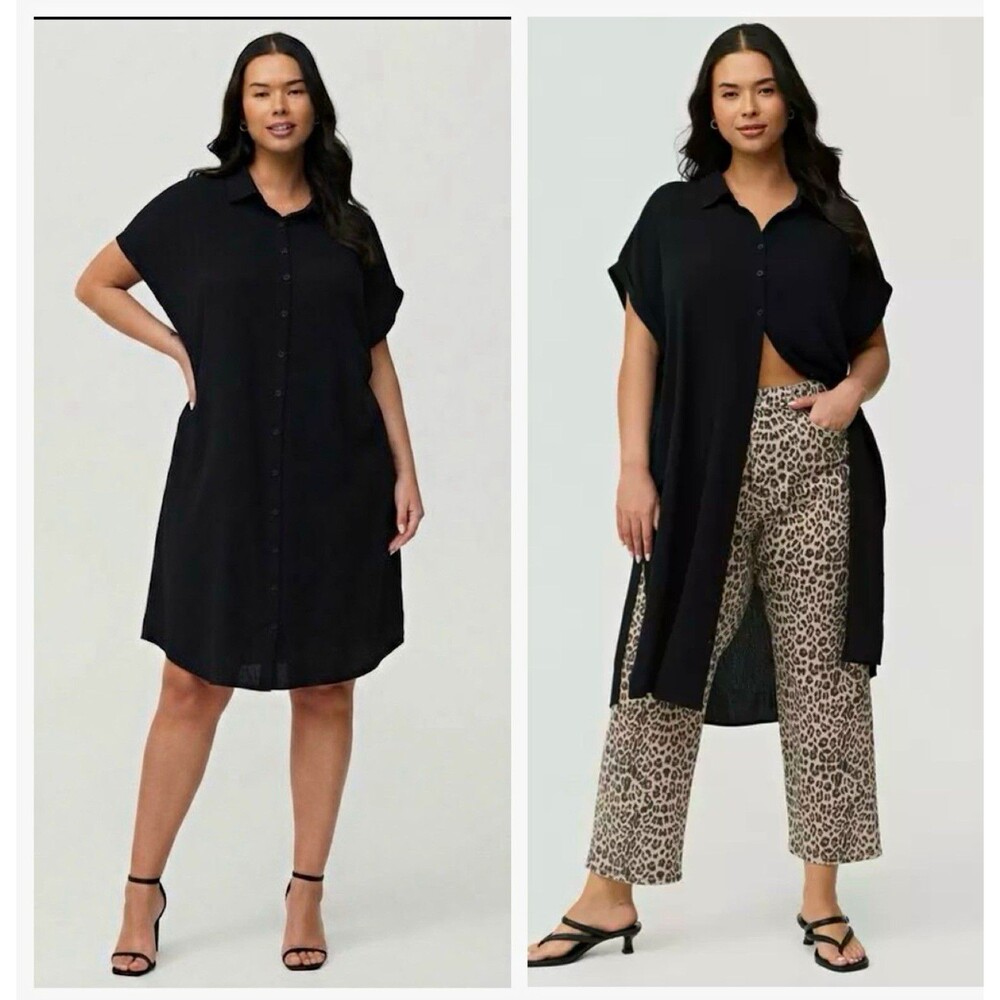 Torrid Black Solid Drop Shoulder Button Front Tunic Collared Knee Plus 4X